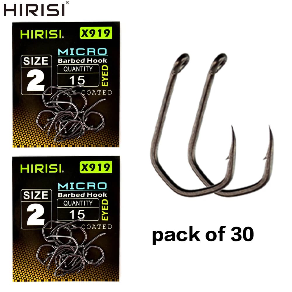 Hameçons carpe micro-barbés acier carbone PTFE 30 pièces Hirisi X919 accessoires pêche durable
