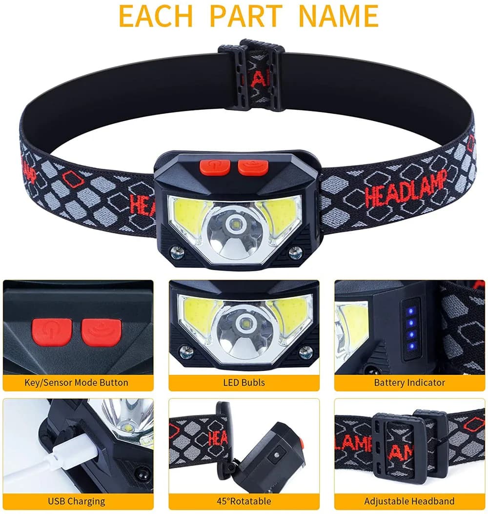 Lampe frontale LED 8 modes détection mouvement pêche puissante frontale COB lampe torche mains libres