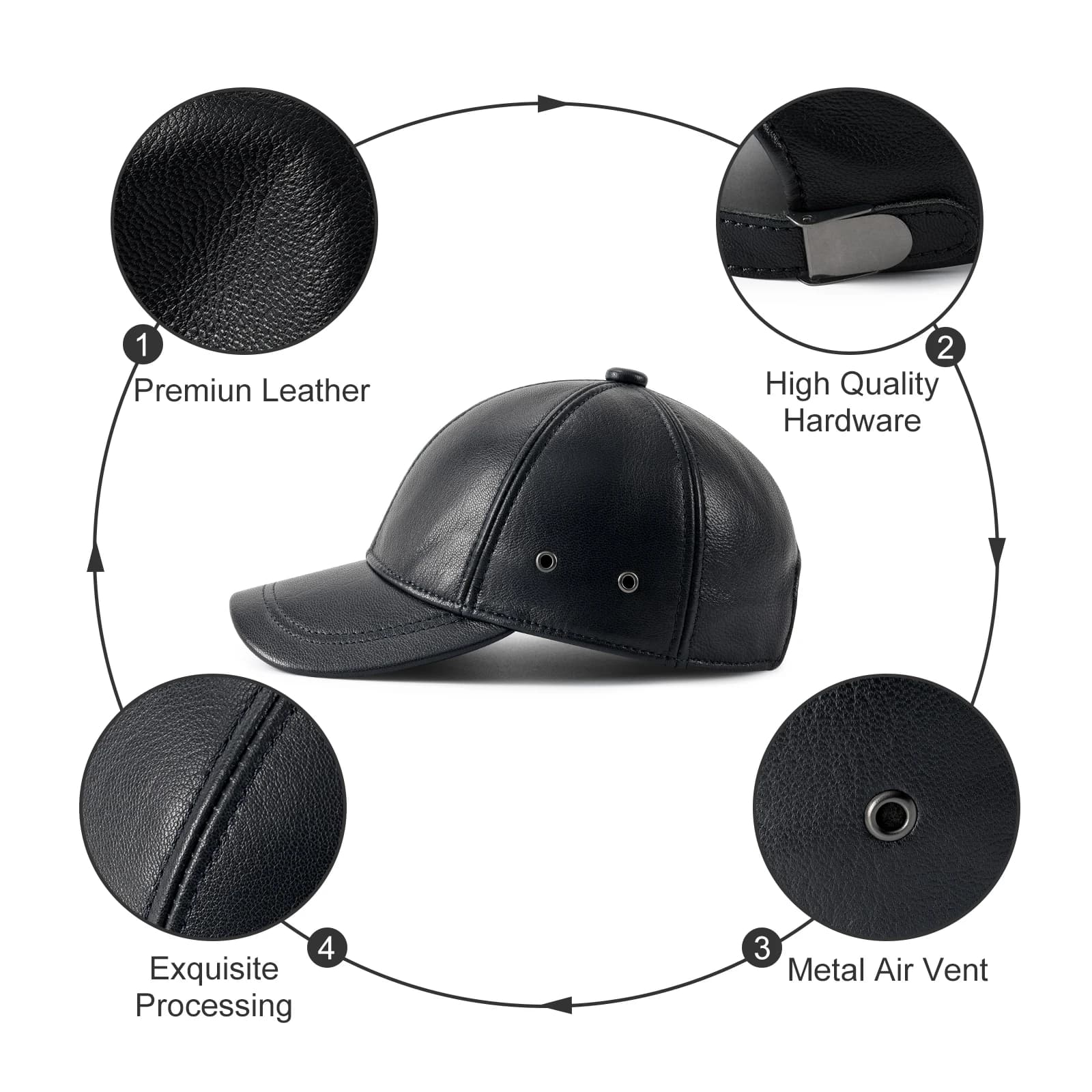 Casquette pêche hiver cuir véritable - Baseball cap réglable homme chasse conduite fashion
