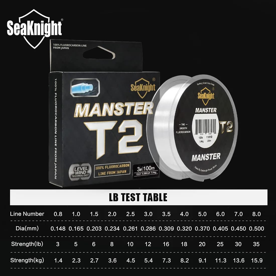 Ligne de pêche fluorocarbone 100% MANSTER T2 SeaKnight, 100M pour mer et surf, 3-35LB, fil carbone coulissant