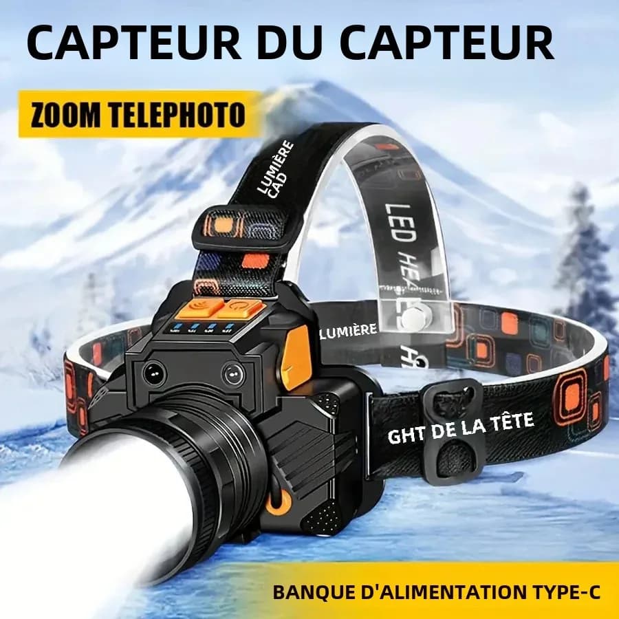 Frontale LED rechargeable 3 modes avec focus réglable 90° pour pêche, chasse et randonnée