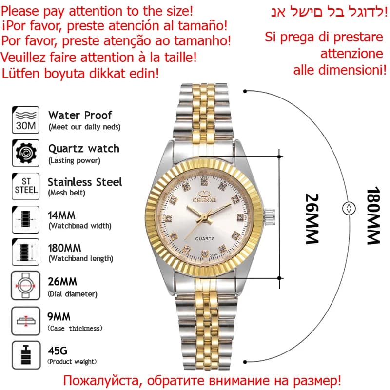 Montre luxe femme dorée à strass CHENXI - Horloge quartz étanche bracelet habillé cristaux précieux