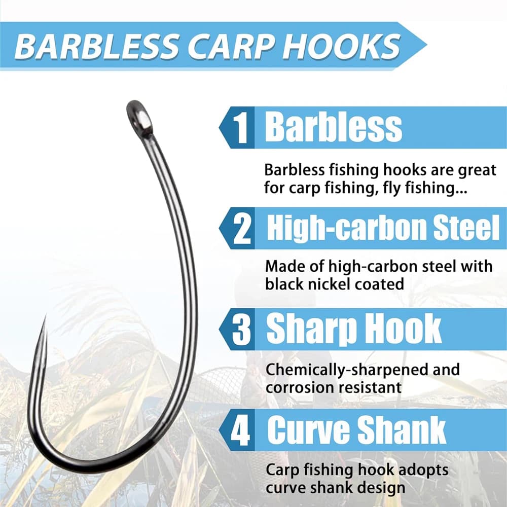 Kit 180 hameçons carpe sans ardillon pour montages hair rig et pêche à la mouche