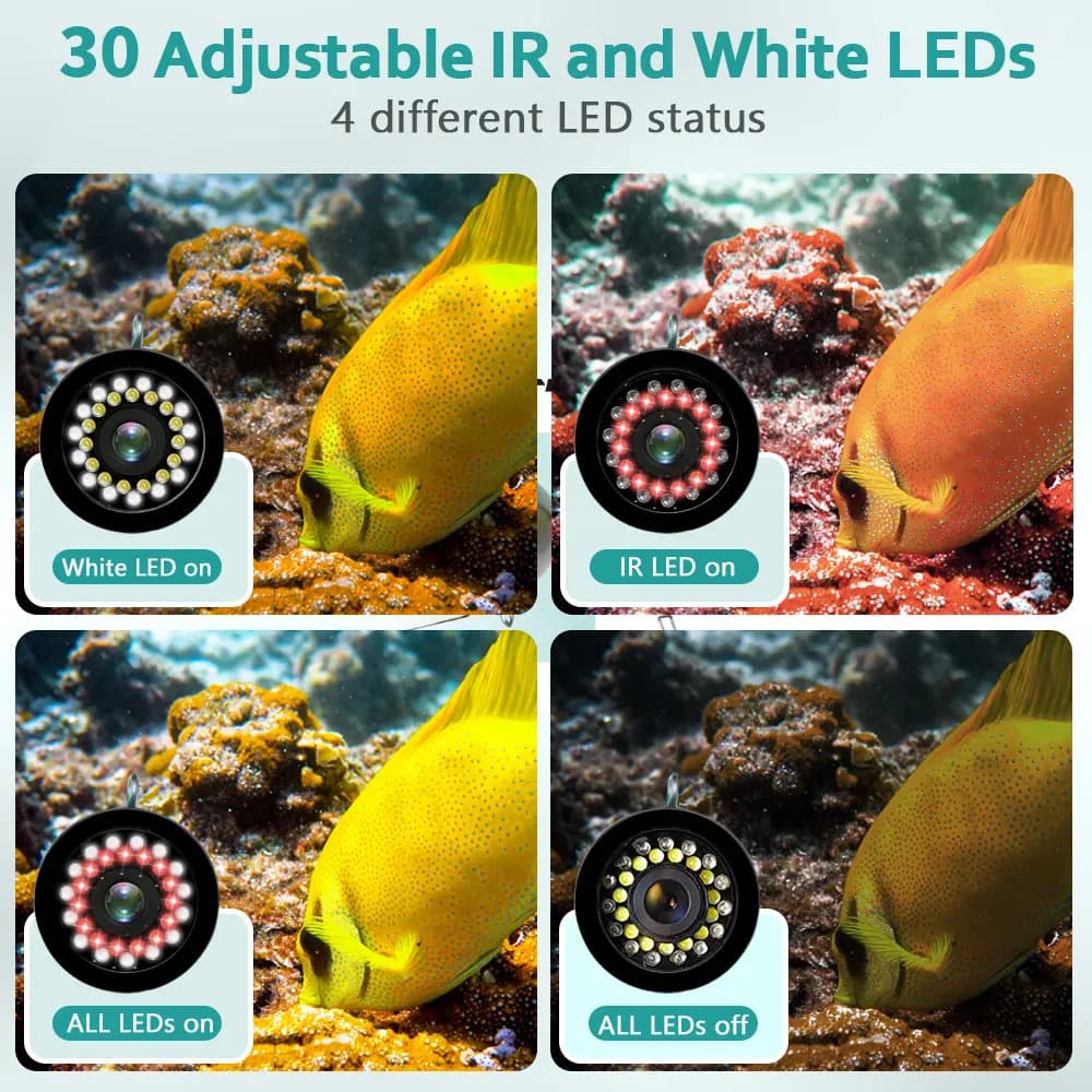 Caméra de pêche 9 pouces avec 30 LED blanches et infrarouges et batterie 4500mAh pour pêche sous-glace et pêche en mer