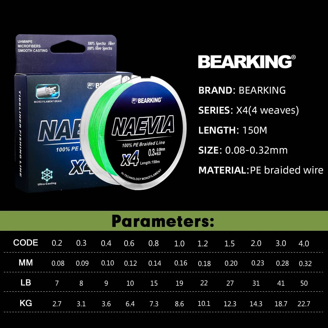 Ligne de pêche BEARKING 4 brins 150m PE 10-93LB multifilament fluide pour carpe - Haute résistance