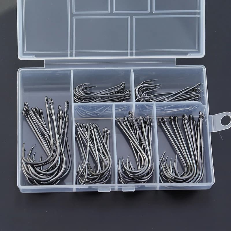 Boîte de 110 hameçons longue tige barbelés acier carbone pour pêche mer avec double appât - Hameçons océan