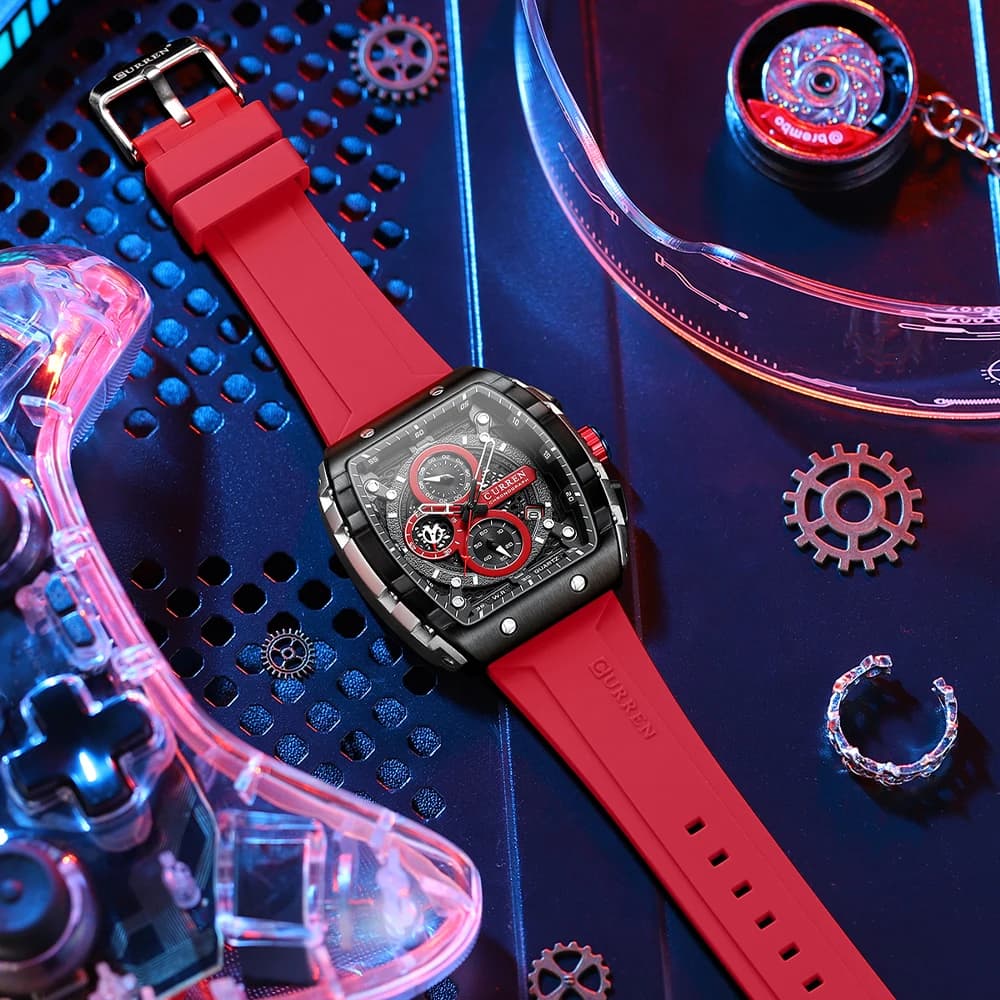 Montre homme Curren luxe chronographe quartz étanche lumineuse boîtier carré bracelet silicone montre de pêche