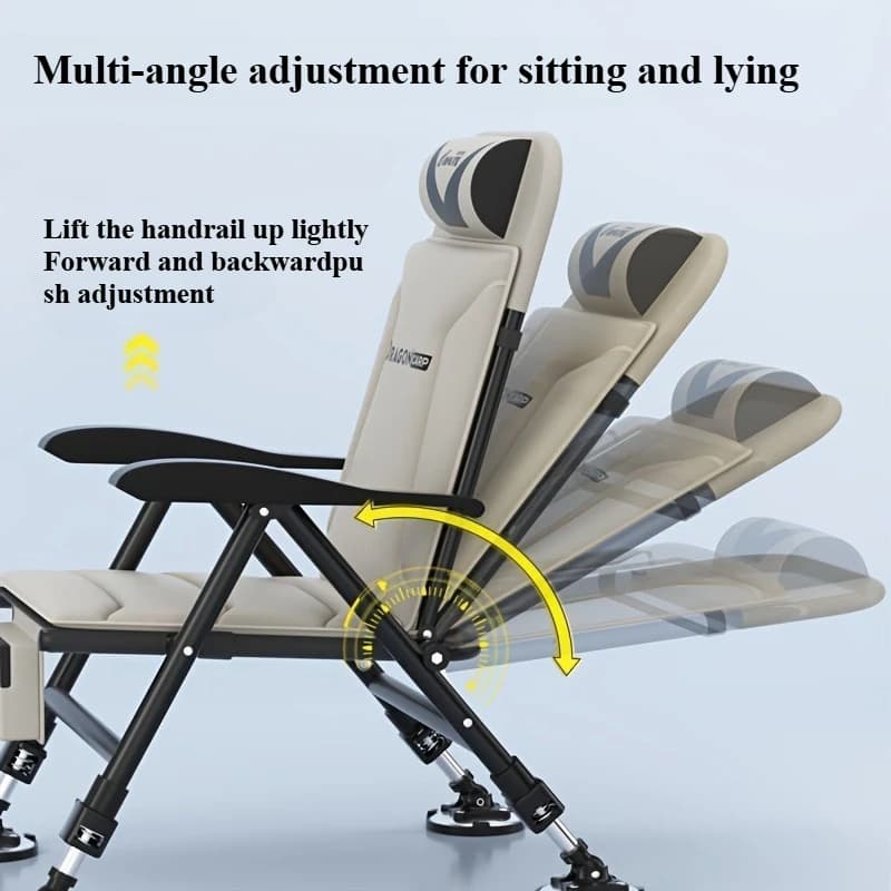 Chaise pêche pliante relax inclinable avec appui-tête et pieds télescopiques pour camping pique-nique