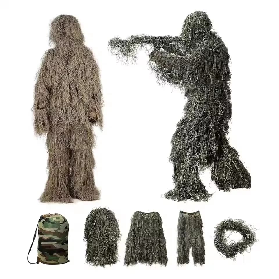 Ensemble 5 pièces camouflage herbe fanée ghillie veste pantalon chasse pêche complet