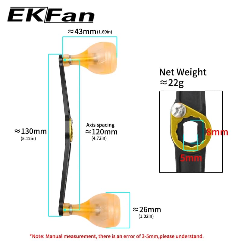 Manivelles EKFan 130MM alliage ultraléger 22G - Poignées acrylique pour moulinets 8x5MM et 7x4MM