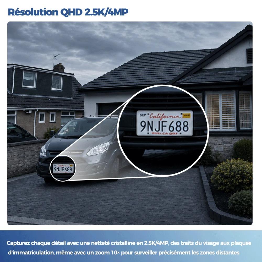 Caméra de sécurité solaire WiFi extérieur Alevio 2.5K, vision nocturne couleur, détection PIR et AI pour surveillance étang