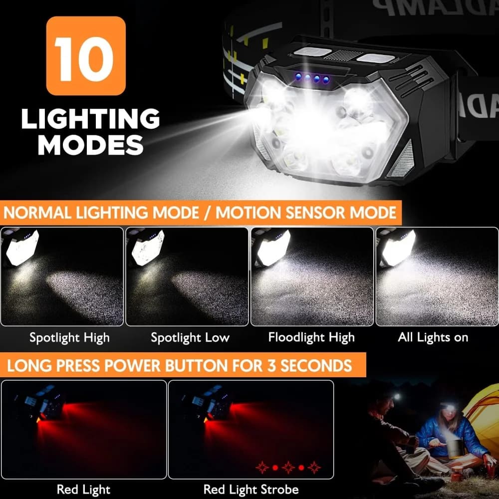 Lampe frontale LED ultra-bright avec lumière rouge rechargeable USB pour pêche et randonnée - Éclairage frontal