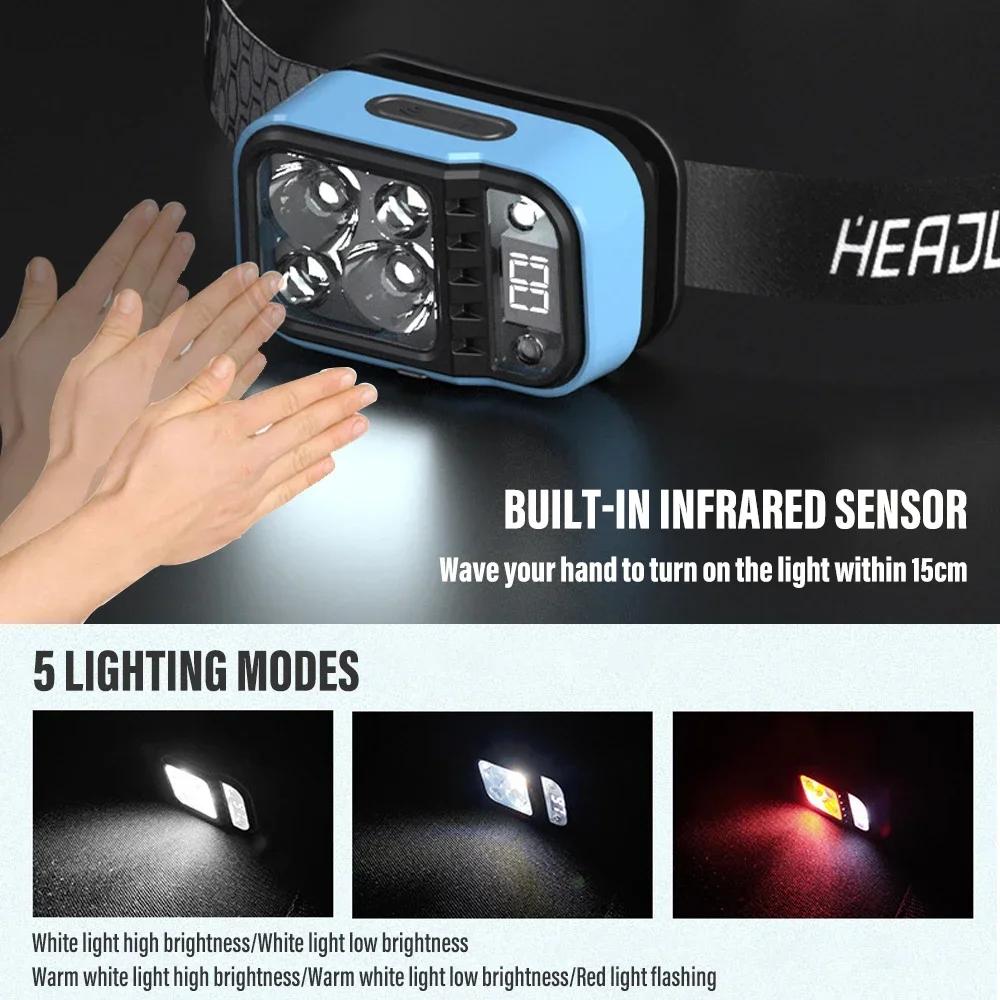 Frontale pêche rechargeable LED avec indicateur batterie capteurs XPG+COB ultra lumineuse pour camping