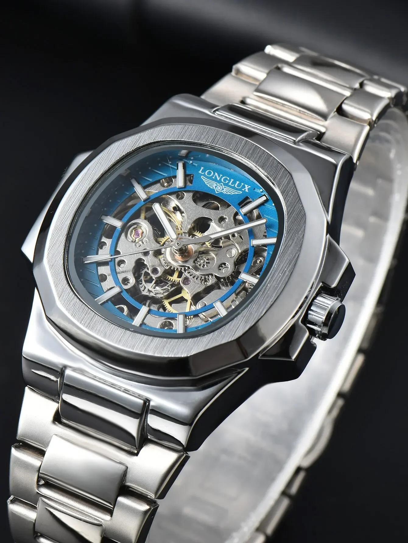 Montre automatique mécanique homme LONGLUX luxe squelette étanche acier inoxydable cadeau