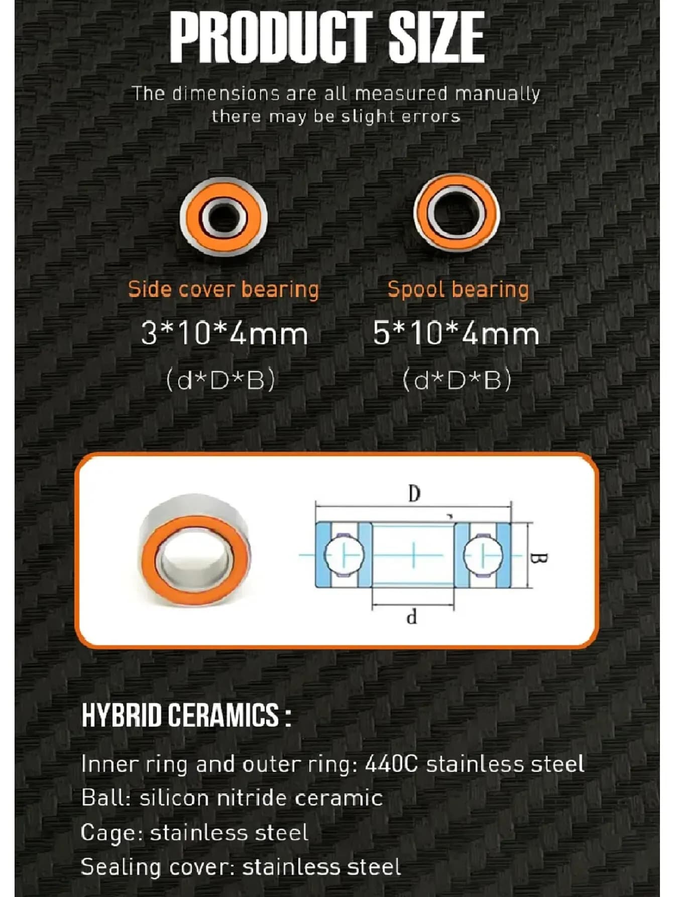 Roulements à billes hybride céramique pour moulinet de pêche, 3x10x4mm et 5x10x4mm, bâti latéral et bobine