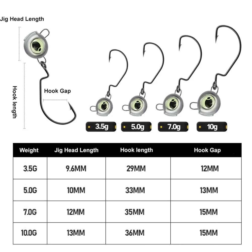 10 têtes plombées weedless avec yeux luminescents - Hameçons wide gap pour perche et bass