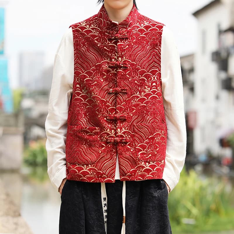 Veste traditionnelle chinoise rouge pêche - Veste Tang jacquard à boucles pour pêcheurs élégants