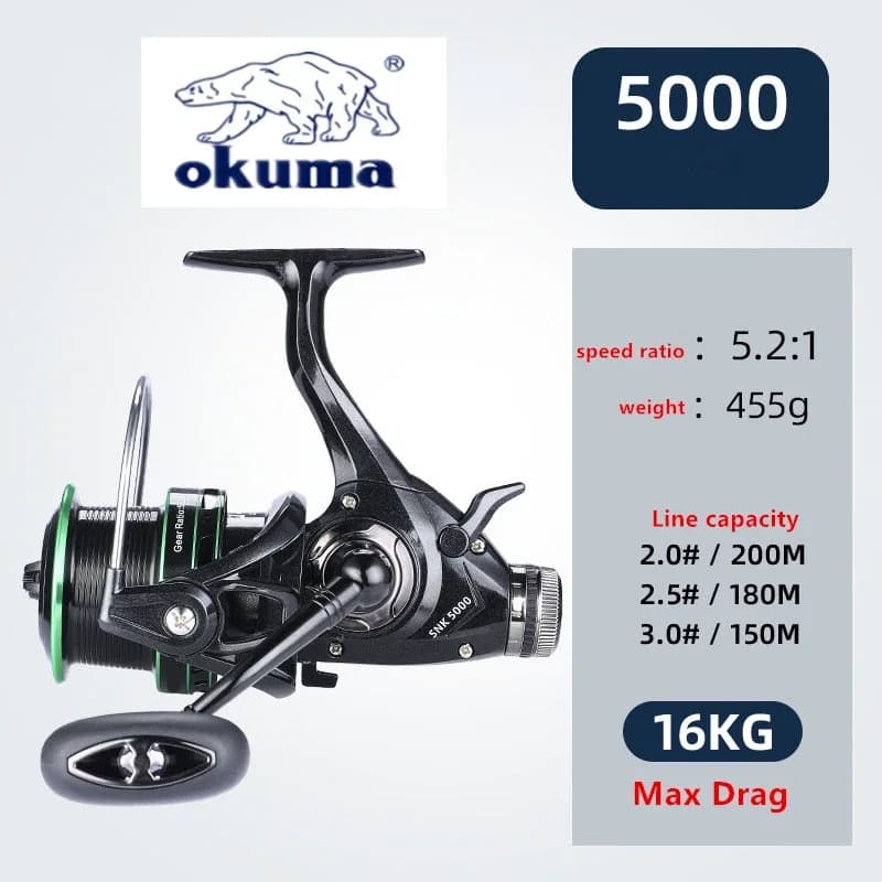 Moulinet Okuma double frein 20kg drague ratio 5.2:1 14+1BB, cupule métal série 3000-6000