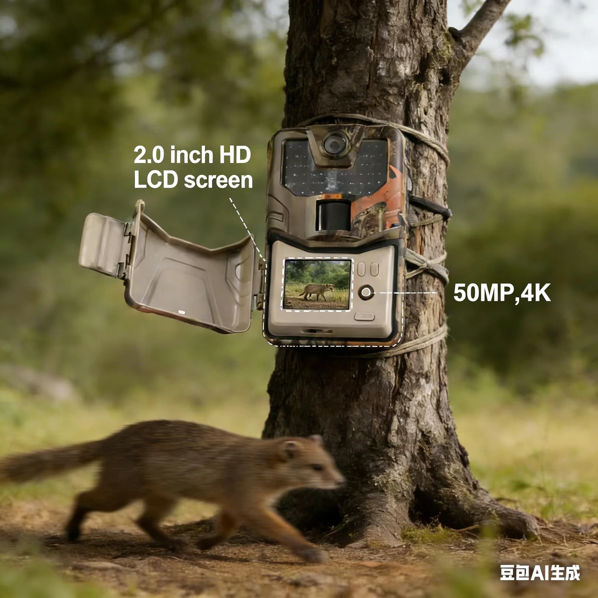 Caméra trail 50MP 4K portée détection 20m IP66 étanche vision nocturne sans lueur monitoring faune