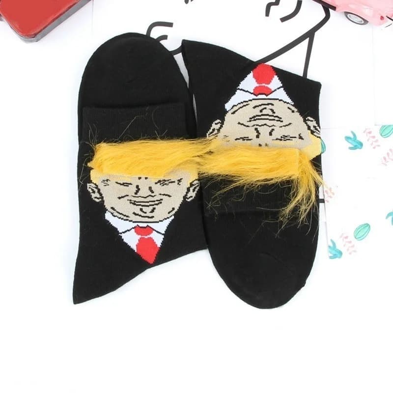 Chaussettes Donald Trump poils 3D faux cheveux crew originales humour politique homme femme collection