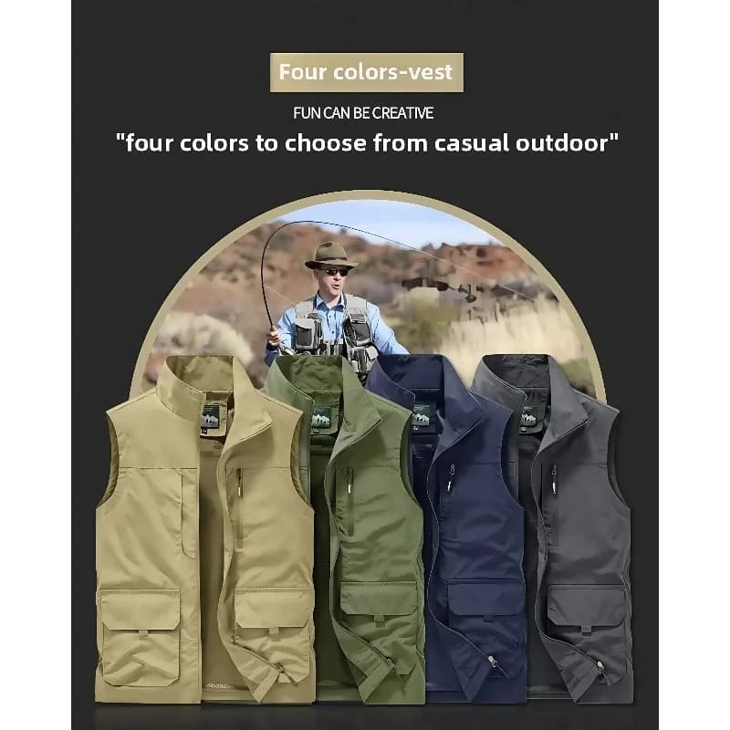 Veste sans manches homme extérieur décontractée ample gilet multi-poches col montant photo pêche