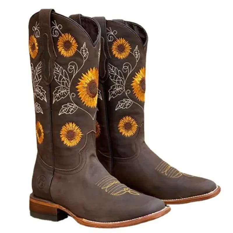 Bottes cowboy femme marron café broderie - Cuir PU imprimé style western profond V casual