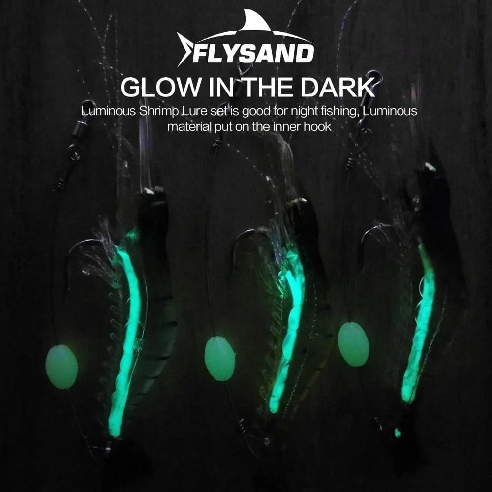Leurre crevette lumineux FLYSAND : appât silicone souple pour pêche aux leurres avec hameçons intégrés