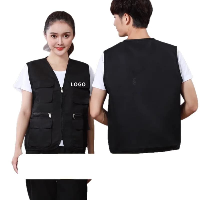 Gilet de travail zippé logo imprimé multi-poches équipe pêche bénévole polyester équipement photo