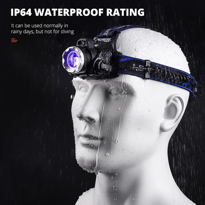 Lampe frontale LED T6 waterproof pour pêche - 3 modes et zoom, alimentation 2x18650 batteries