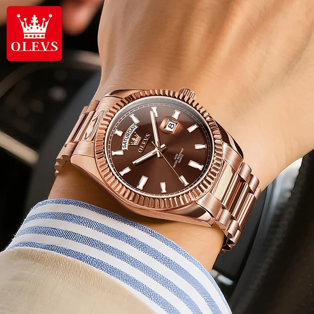 Montre homme luxe OLEVS étanche or rose acier inoxydable affichage date jour mouvement quartz