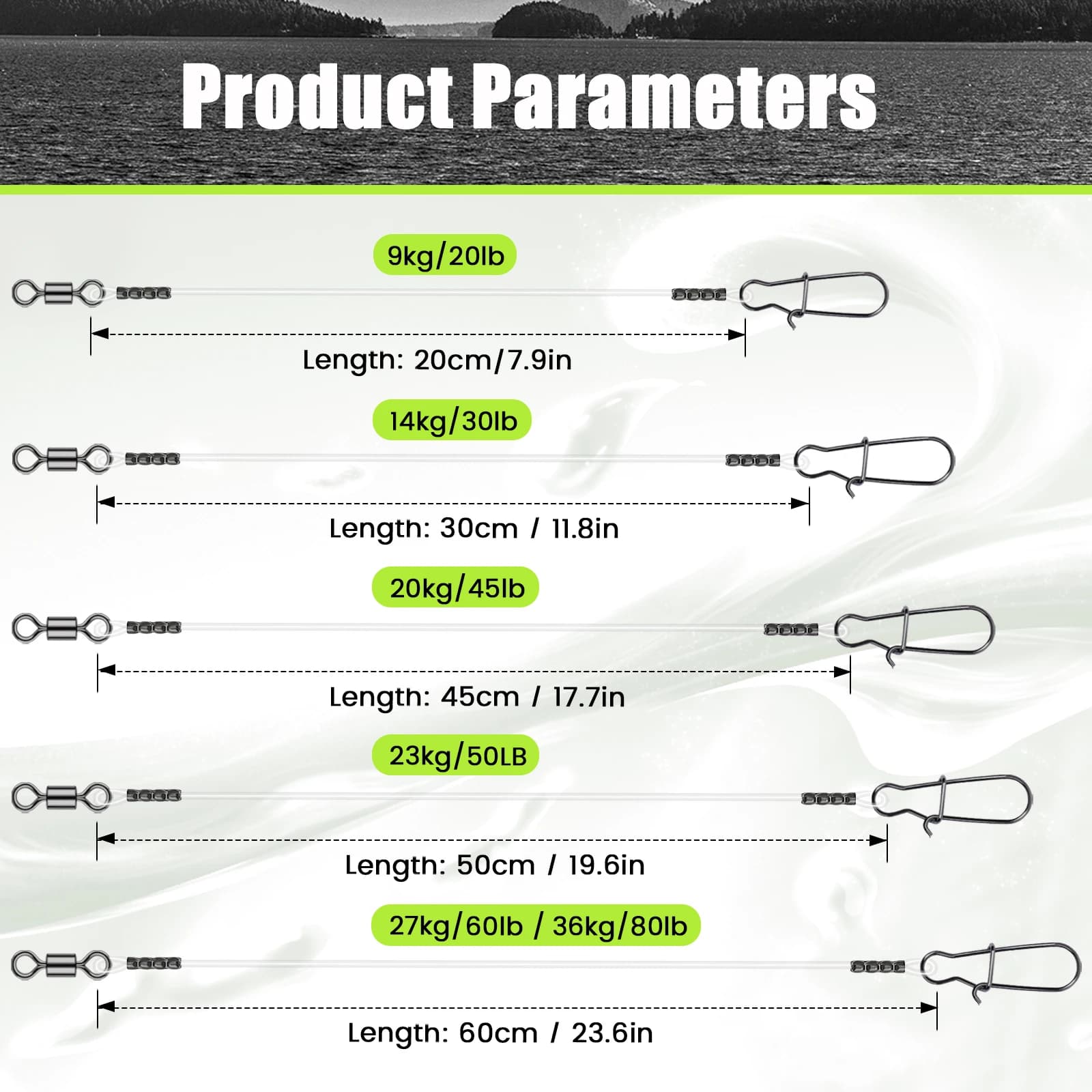 Ligne fluorocarbone 100% avec émerillon roulant et verrou rapide, test pression 9-36kg pour canne