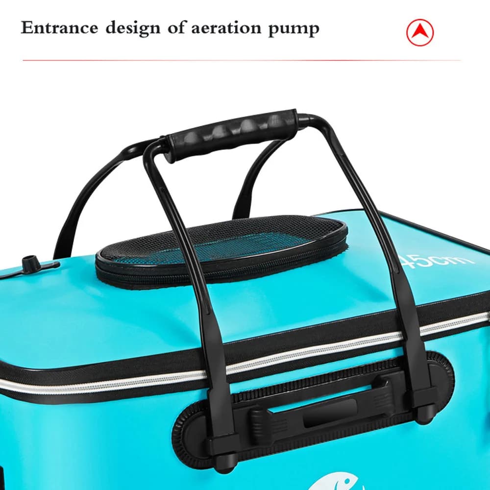 Seau EVA pliable pour poissons vivants avec poches latérales et couvercle filet respirant