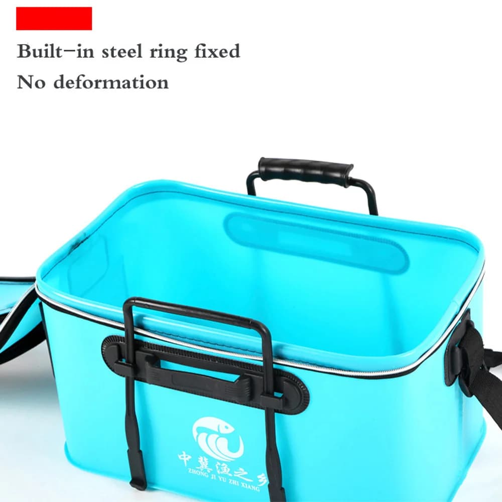 Seau EVA pliable pour poissons vivants avec poches latérales et couvercle filet respirant