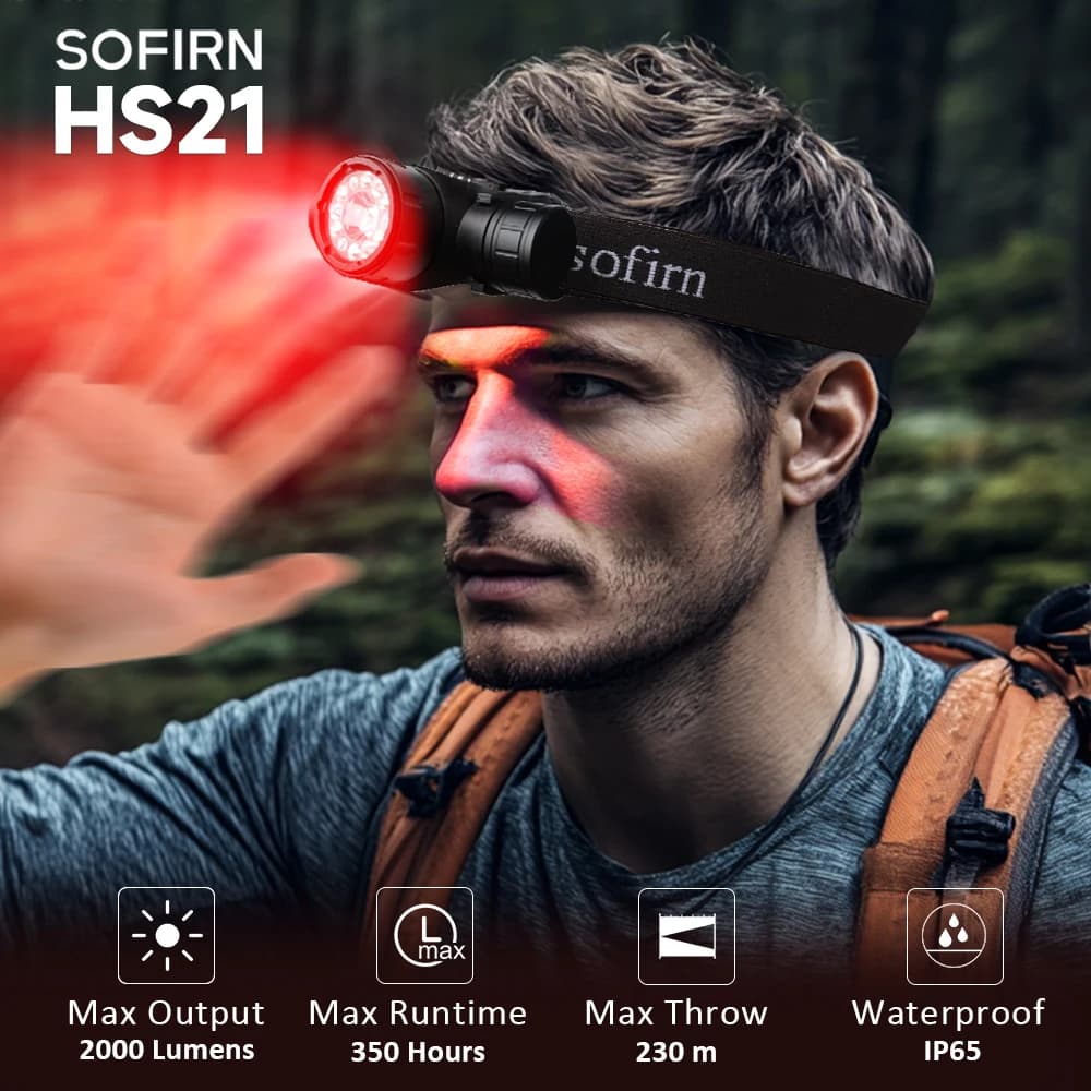 Lampe frontale Sofirn HS21 SFT40 2000lm rouge infrarouge pour pêche discrète nocturne