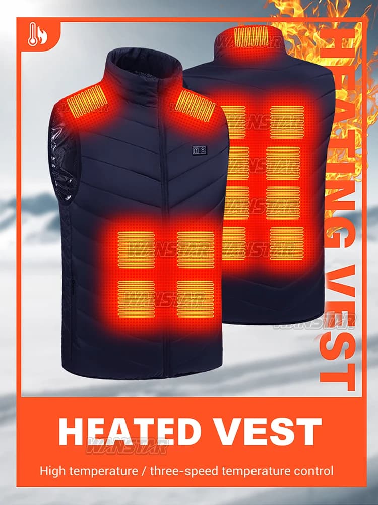 Veste chauffante hiver 21 zones avec 4 interrupteurs et 3 réglages jusqu'à 50°C pour camping et fêtes
