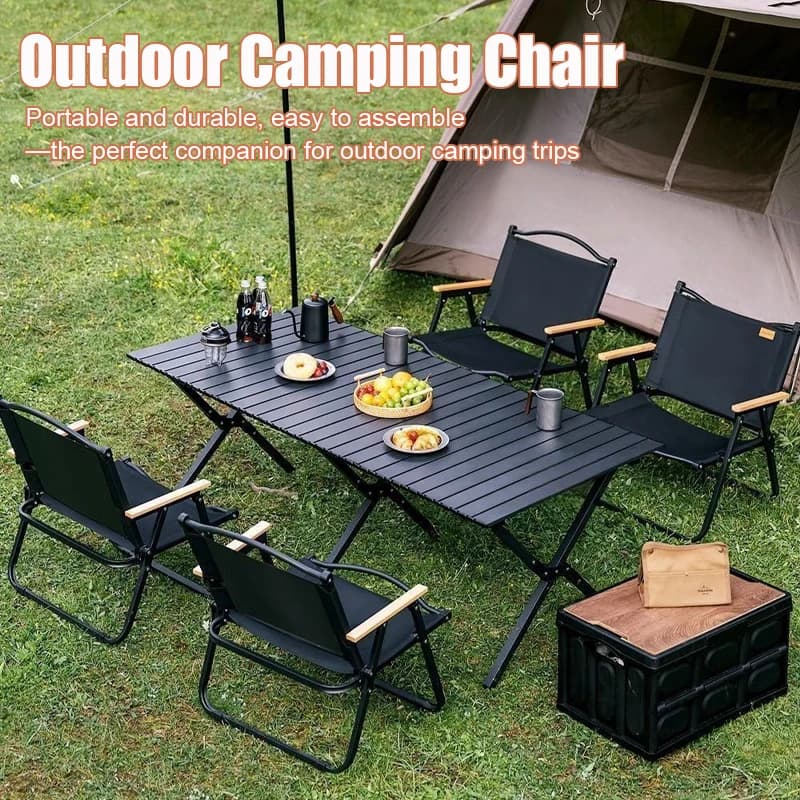 Chaise de camping pliante avec accoudoirs bois - Siège pêche style vintage pour plage et pique-nique
