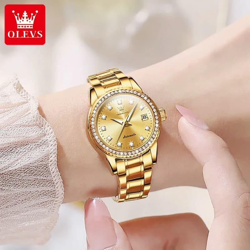 Montre automatique femme OLEVS-7003 luxe 2025 - Mécanique étanche calendrier lumineuse bracelet