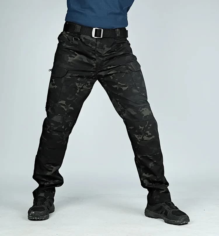Pantalon cargo camouflage noir homme - Multi-poches séchage rapide pêche randonnée