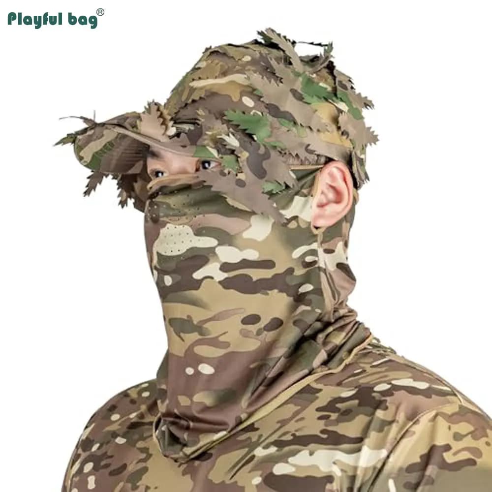 Set camouflage pêche Outdoor CP : casquette feuilles, gants tactiques, manches soie glacée, masque demi-visage