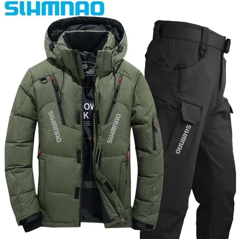 Combinaison Pêche Hiver 2026 Imperméable et Chaude avec Capuche, Veste Doudoune pour Camping Randonnée Chasse