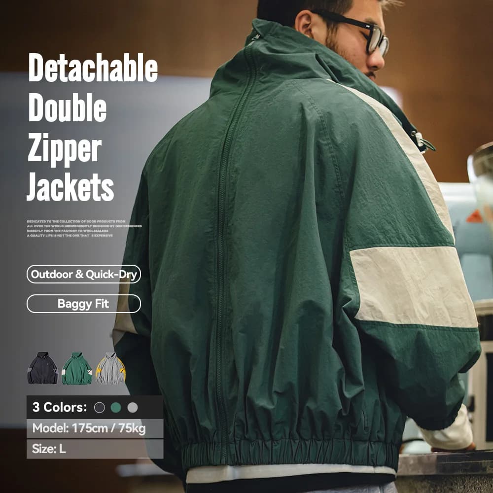 Veste patchwork à double zip détachable pour hommes - Col montant coupe loose printemps automne décontractée