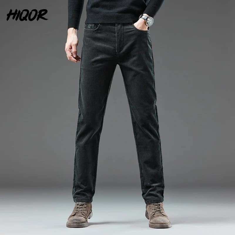 Pantalon velours côtelé homme hiver épais chaud pêche business casual vert foncé tendance