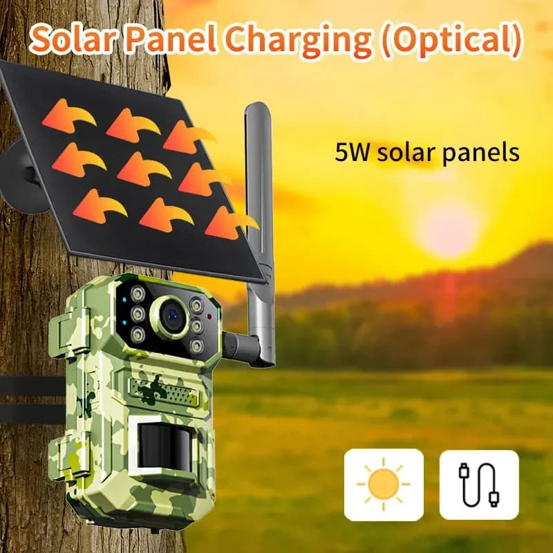 Caméra de chasse solaire 4MP 4G avec SIM - Détection PIR batterie piège photo vision nocturne IR CCTV extérieur