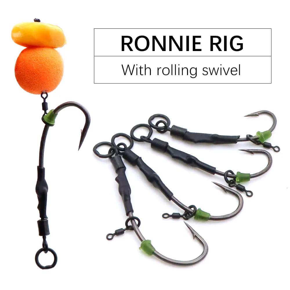 4 rigs Ronnie pour pêche carpe - Hameçons barbelés avec émerillons roulants - Accessoires pêche