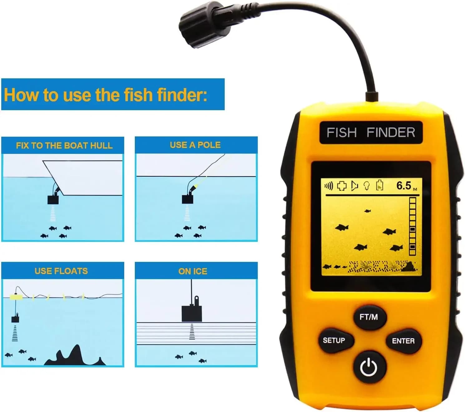 Détecteur de poissons portable main avec sonar et transducteur - Pour pêche kayak glace bord