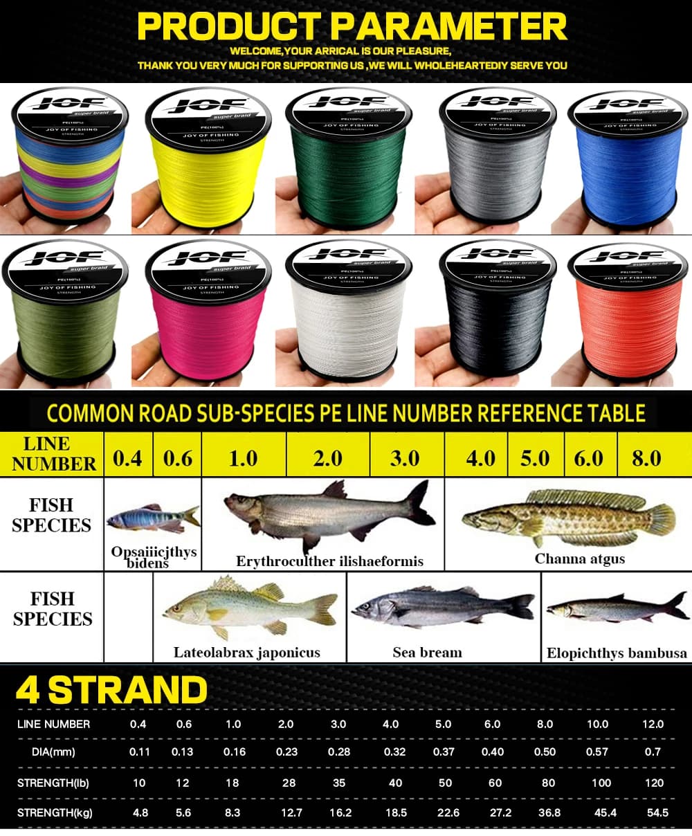 Ligne de pêche japonaise JOF multifilament 4 brins pour la carpe, disponible en 300m, 500m et 1000m