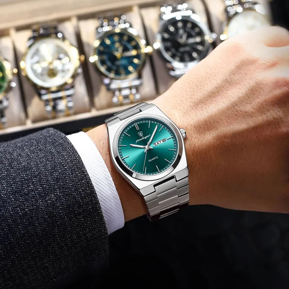Montre homme de luxe étanche lumineuse avec date et semaine - Bracelet acier inoxydable quartz fashion casual