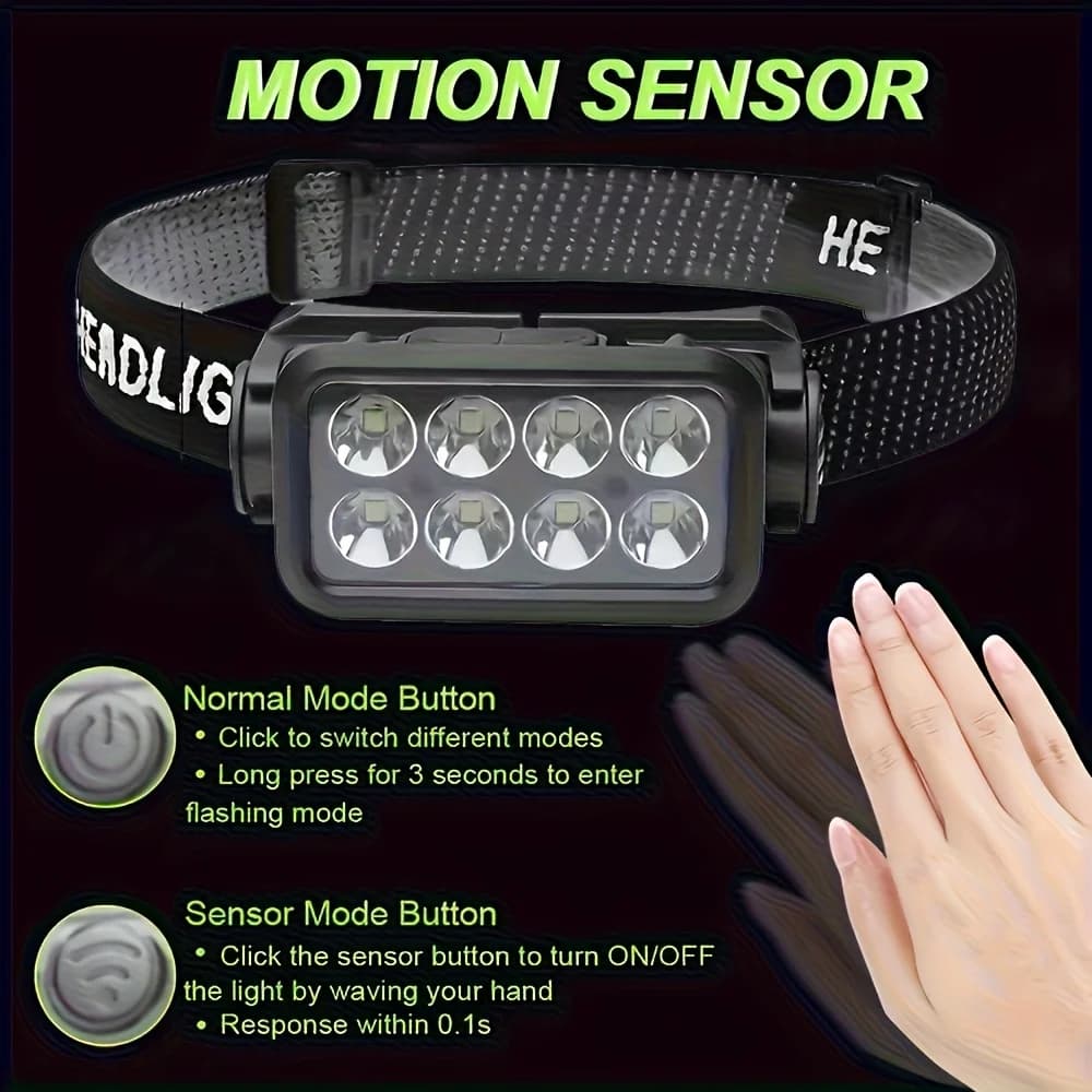 Lampe frontale rechargeable détecteur de mouvement pour pêche nocturne, 8 LEDs ultra-légère et puissante