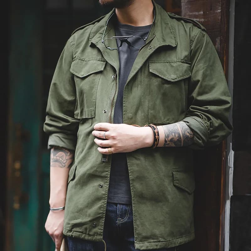 Veste militaire vintage M65 Maden pour hommes - Field jacket verte coupe-vent casual avec poches
