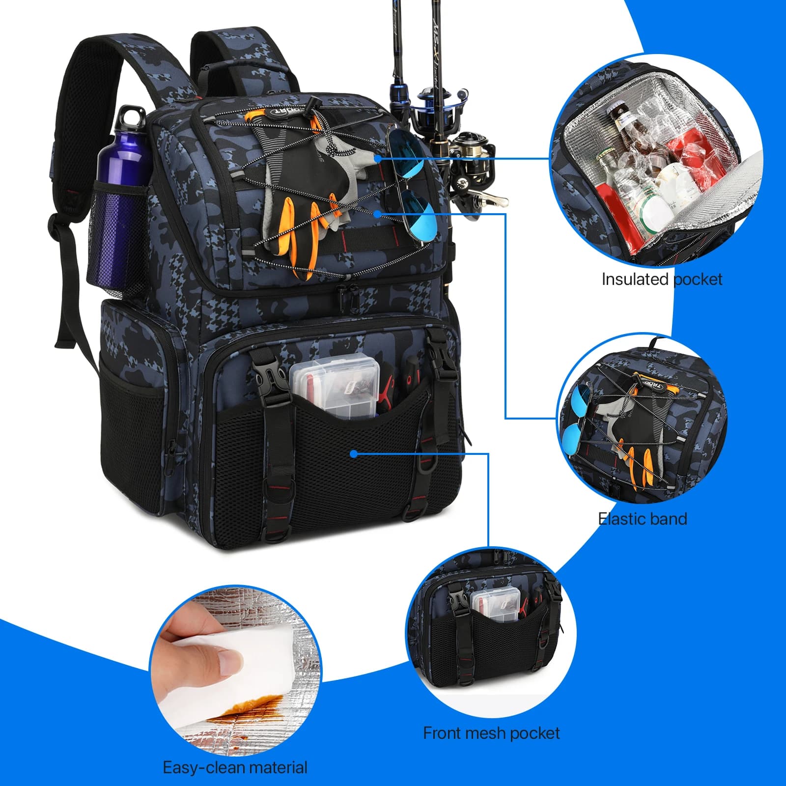 Sac à dos pêche 45L avec glacière, porte-cannes et housse pluie - Multifonction randonnée camping